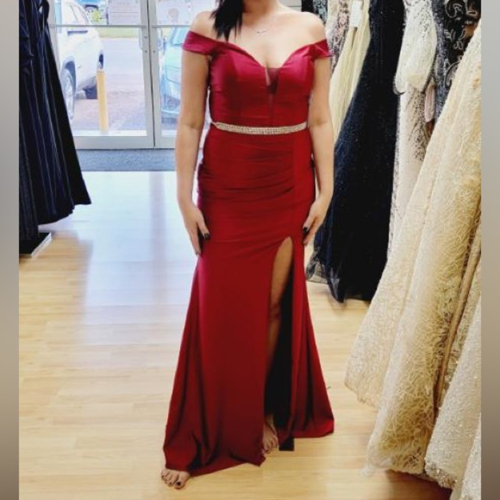 Long red, burgundy off the shoulder maxi dress